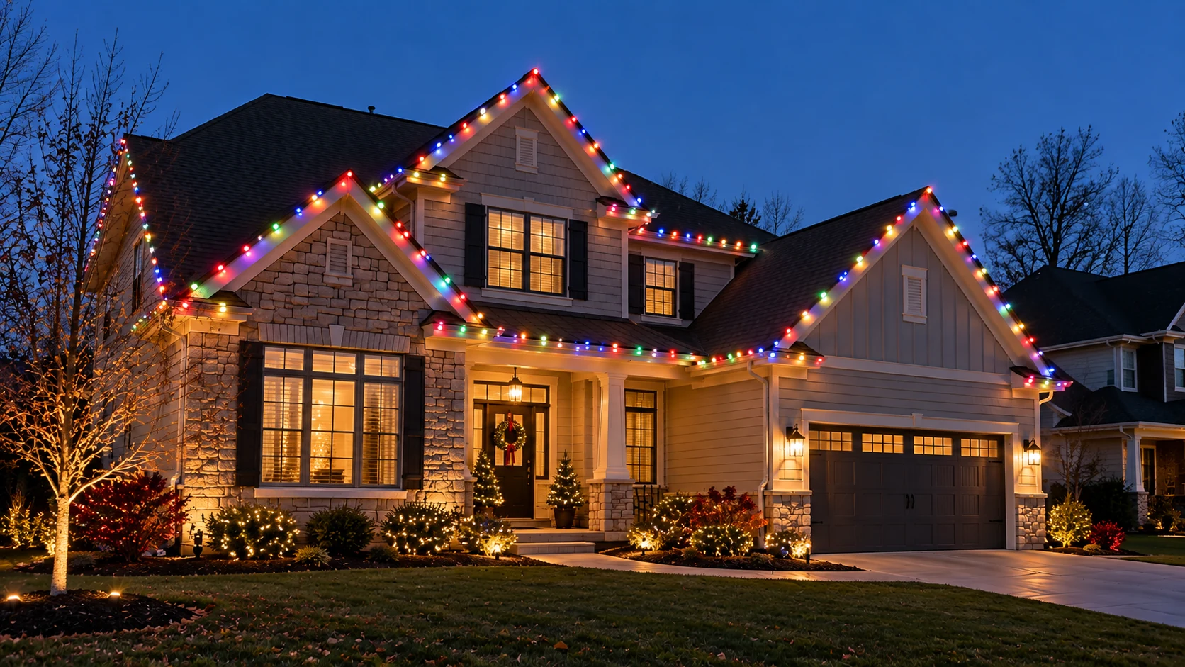 House with colorful holiday lights illuminating the roofline at dusk
